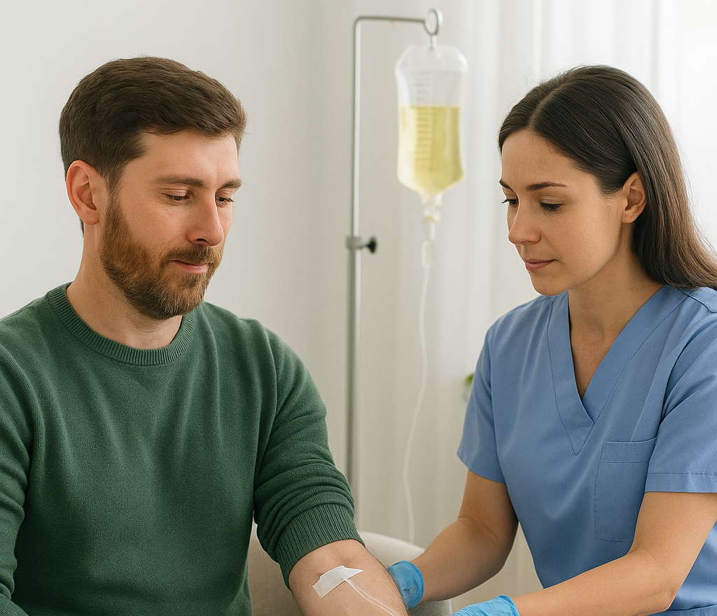 Nurse administering a wellness IV drip to a patient in a clinic